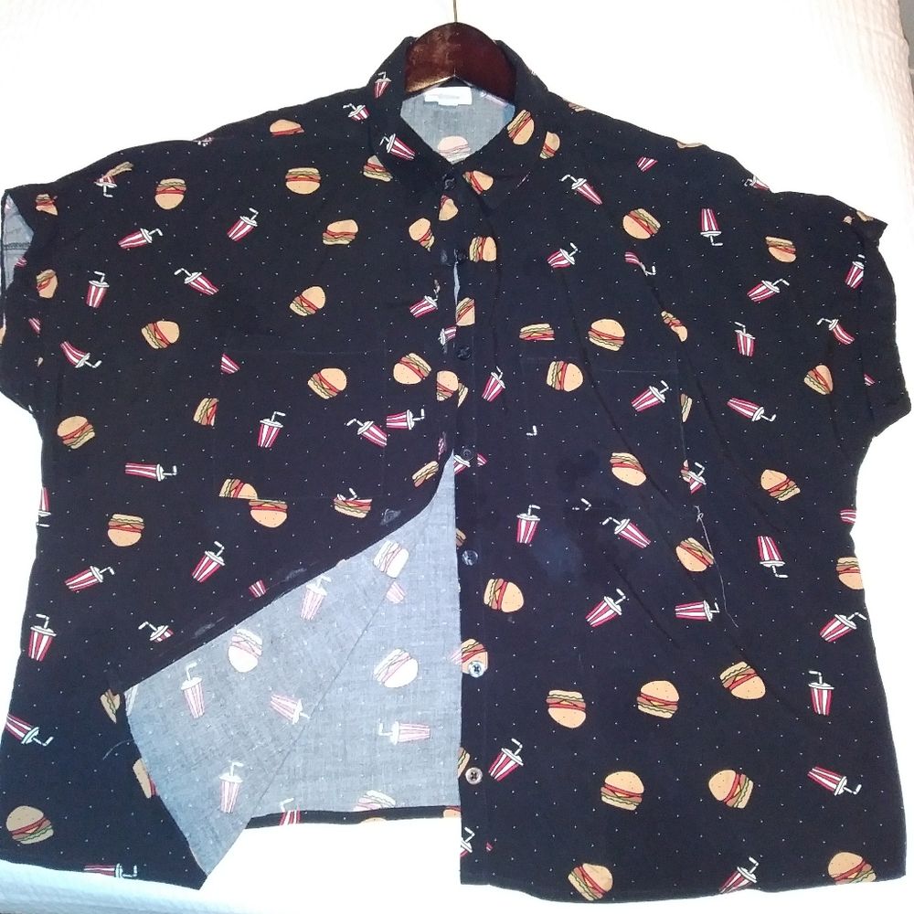 LulaRoe Blouse: hamburger and milkshake print